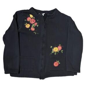 Vintage black zip up jacket with floral embroidery (small)